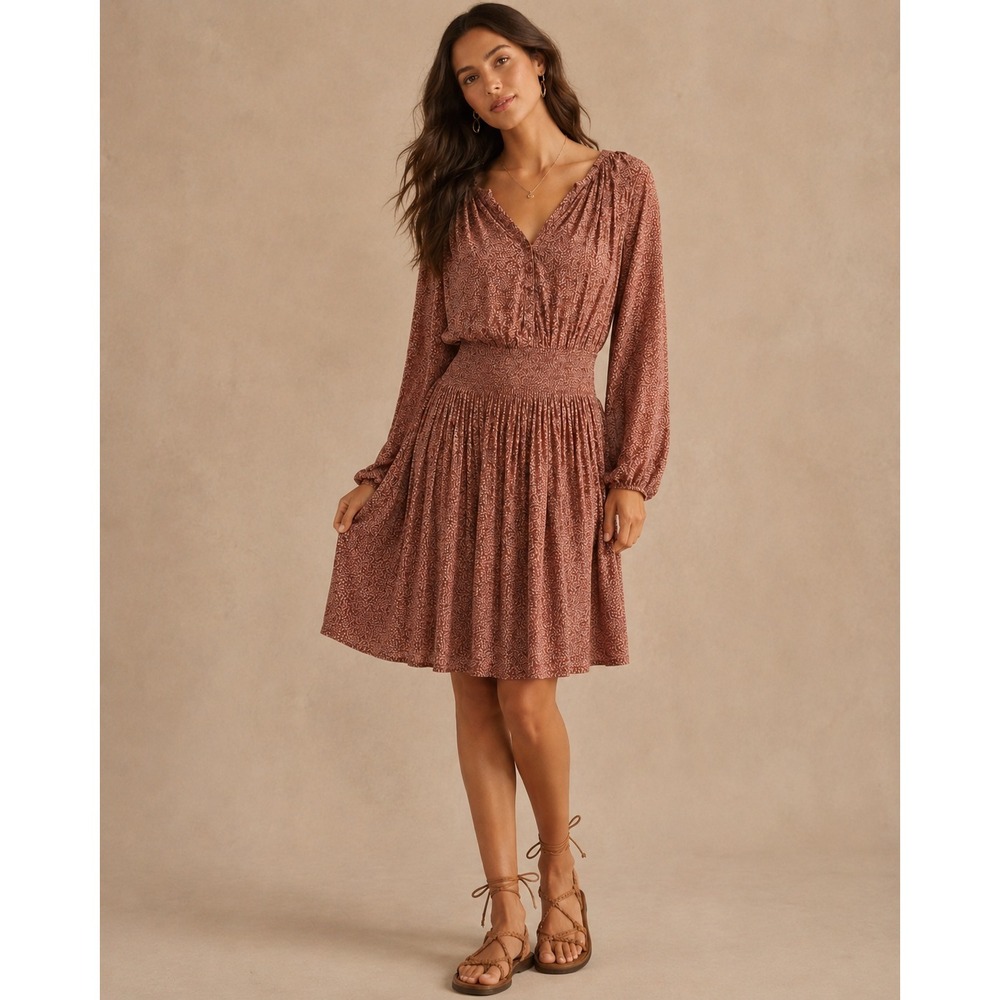 Faherty Knee Length Dress Women Sz L Dusty Rose Smoked Waist Boho Romantic
